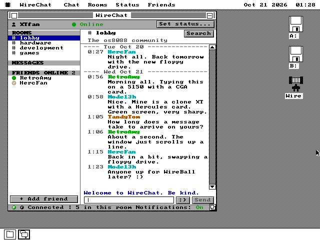 WireChat resized to about two thirds of the screen's width. The left pane of rooms and friends remains, the member list is gone, and the lobby's messages are wrapped to the narrower column. The desktop and its drive icons show to the right.