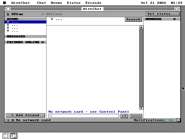 WireChat with empty panes. The header shows the nick XTfan and the status Offline. The notice above the input field reads No network card - see Control Panel, and the status bar reads No network card.