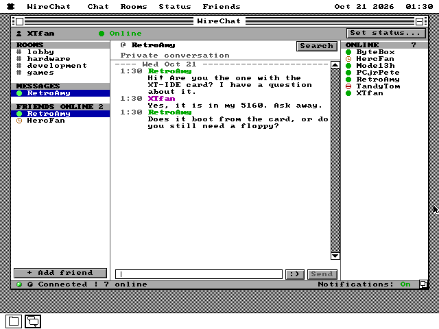 WireChat showing a private conversation titled at RetroAmy. Three messages: RetroAmy asks about an XT-IDE card, XTfan answers that it is in a 5160, and RetroAmy asks whether it boots from the card. The right pane, headed Online, lists seven people.