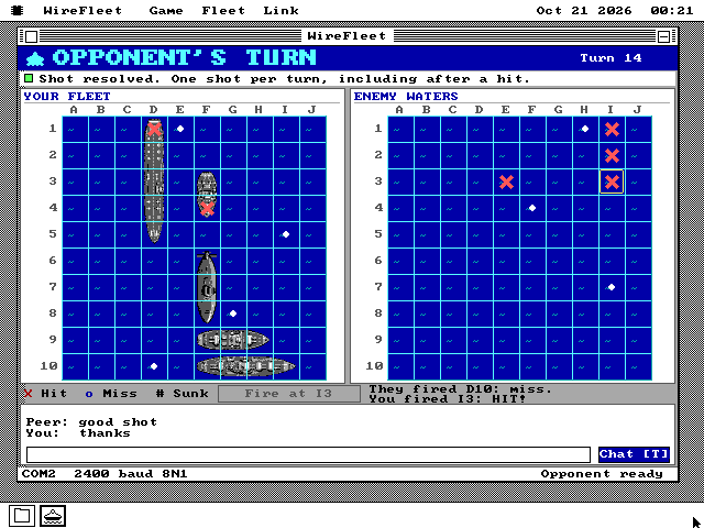 The WireFleet window on the os8088 desktop. A navy banner reads OPPONENT'S TURN, Turn 14. On the left, YOUR FLEET: a 10 by 10 grid of navy water with five grey ships, two of them marked with red crosses where they were hit, and white dots for misses. On the right, ENEMY WATERS: three red crosses down column I, one at E3 and two white dots. Below, the lines They fired D10: miss and You fired I3: HIT!, a chat log reading Peer: good shot and You: thanks, and a status bar with COM2, 2400 baud 8N1 and Opponent ready.