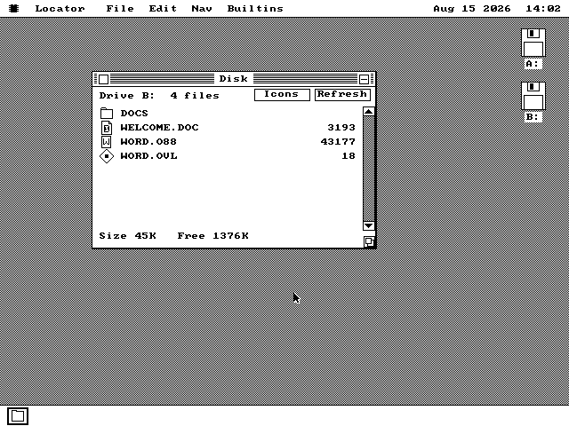 The os8088 desktop with a file window open on drive B, listing a DOCS folder, WELCOME.DOC at 3,193 bytes, WORD.O88 at 43,177 bytes and WORD.OVL at 18 bytes.