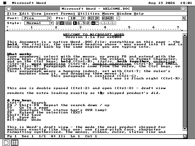 Microsoft Word open on the os8088 desktop, showing a welcome document with a centred heading, bold and italic text, an indented paragraph and a double-spaced paragraph. A ribbon and a ruler sit above the text and a status bar below it.
