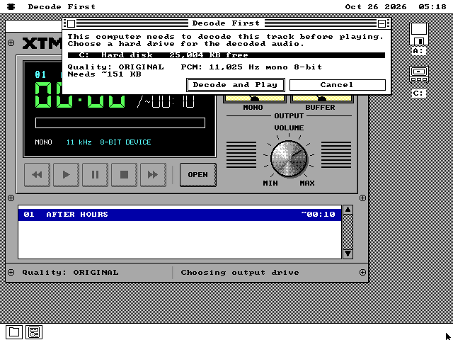 A Decode First window over XTMP3. It reads: This computer needs to decode this track before playing. Choose a hard drive for the decoded audio. One drive is listed and selected: C:, Hard disk, 25,004 KB free. Below: Quality: ORIGINAL, PCM: 11,025 Hz mono 8-bit, Needs about 151 KB. Decode and Play and Cancel buttons. The status bar reads Choosing output drive.