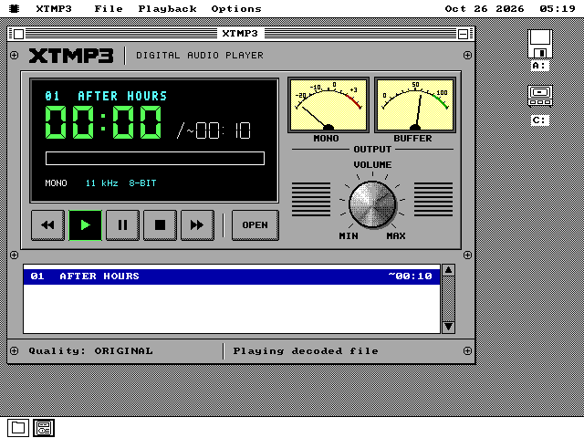 XTMP3 with AFTER HOURS, the LCD at 00:00, MONO 11 kHz 8-BIT, Play lit, and the status bar reading Quality: ORIGINAL and Playing decoded file.