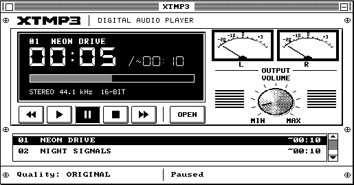 The XTMP3 window alone in black and white, shorter than the VGA one. The LCD reads 01 NEON DRIVE, 00:05, STEREO 44.1 kHz 16-BIT, with a dotted progress bar. The meters are L and R, the knob is dithered grey, and Pause is lit. The queue shows two rows, NEON DRIVE and NIGHT SIGNALS. Quality: ORIGINAL, Paused.