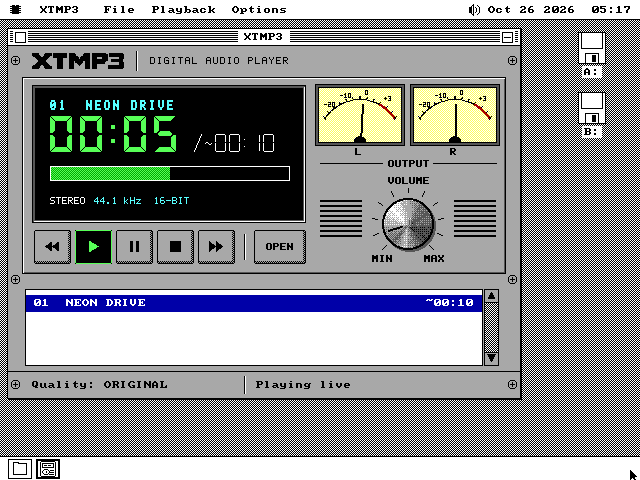 The XTMP3 window on VGA, drawn as a grey stereo component with an XTMP3 Digital Audio Player logo strip. A black LCD reads 01 NEON DRIVE, 00:05 in large green digits, a total of about 00:10, a green progress bar half full, and STEREO 44.1 kHz 16-BIT. Beside it two cream VU meters labelled L and R, a volume knob between two grilles, and below it rewind, play, pause, stop, fast forward and OPEN keys with Play lit green. The queue holds NEON DRIVE. The status bar reads Quality: ORIGINAL and Playing live.